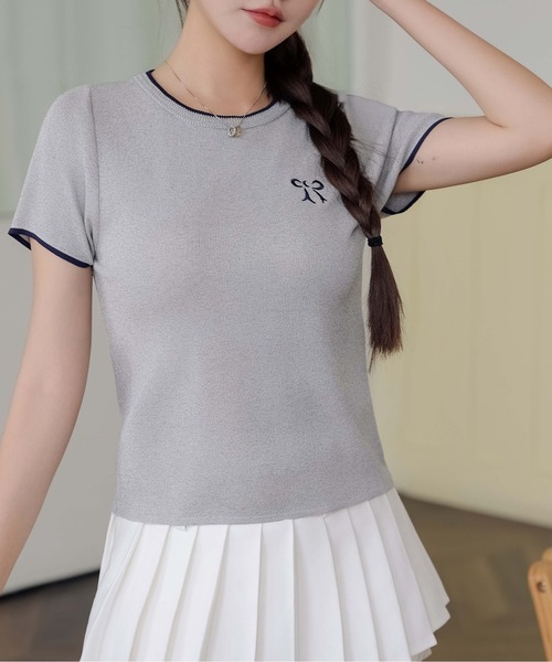 FINEnough(ファインナフ)の「リボン刺しゅう配色トリミングクルーネック半袖ニットトップス(ニット/セーター・レディース・アイボリー/グレー/ブルー/ネイビー/ピンク・FREE)」の22枚目の写真