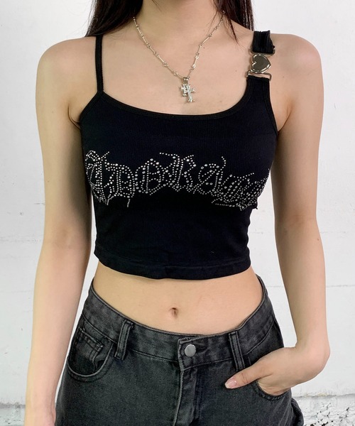 lilful(リルフル)の「【カップ付き】ハートストラップ ラインストーンロゴ タンクトップキャミ(キャミソール・レディース・イエロー/ブラック/ブラウン/ホワイト・F)」の2枚目の写真