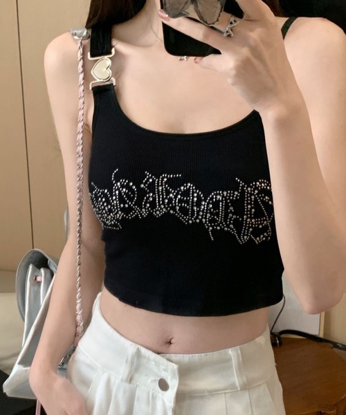 lilful(リルフル)の「【カップ付き】ハートストラップ ラインストーンロゴ タンクトップキャミ(キャミソール・レディース・イエロー/ブラック/ブラウン/ホワイト・F)」の15枚目の写真