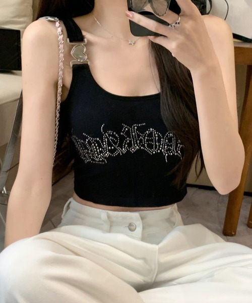 lilful(リルフル)の「【カップ付き】ハートストラップ ラインストーンロゴ タンクトップキャミ(キャミソール・レディース・イエロー/ブラック/ブラウン/ホワイト・F)」の14枚目の写真