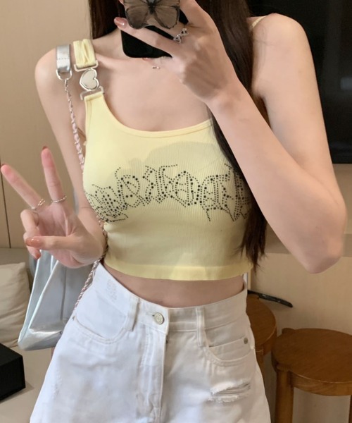 lilful(リルフル)の「【カップ付き】ハートストラップ ラインストーンロゴ タンクトップキャミ(キャミソール・レディース・イエロー/ブラック/ブラウン/ホワイト・F)」の19枚目の写真