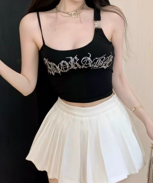 lilful(リルフル)の「【カップ付き】ハートストラップ ラインストーンロゴ タンクトップキャミ(キャミソール・レディース・イエロー/ブラック/ブラウン/ホワイト・F)」の12枚目の写真