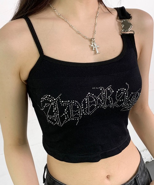 lilful(リルフル)の「【カップ付き】ハートストラップ ラインストーンロゴ タンクトップキャミ(キャミソール・レディース・イエロー/ブラック/ブラウン/ホワイト・F)」の21枚目の写真