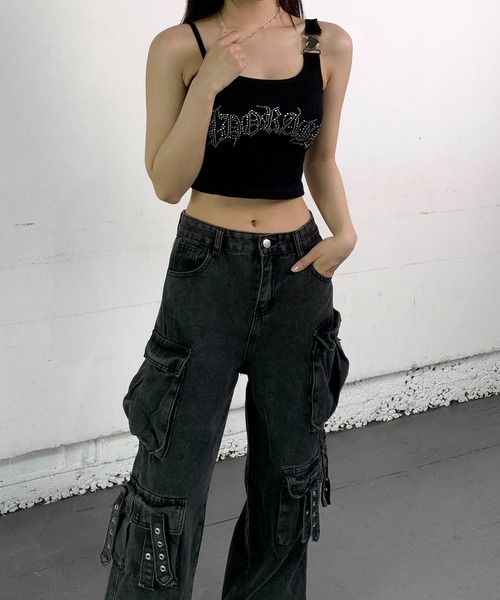 lilful(リルフル)の「【カップ付き】ハートストラップ ラインストーンロゴ タンクトップキャミ(キャミソール・レディース・イエロー/ブラック/ブラウン/ホワイト・F)」の22枚目の写真