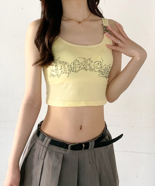 lilful(リルフル)の「【カップ付き】ハートストラップ ラインストーンロゴ タンクトップキャミ(キャミソール・レディース・イエロー/ブラック/ブラウン/ホワイト・F)」の6枚目の写真