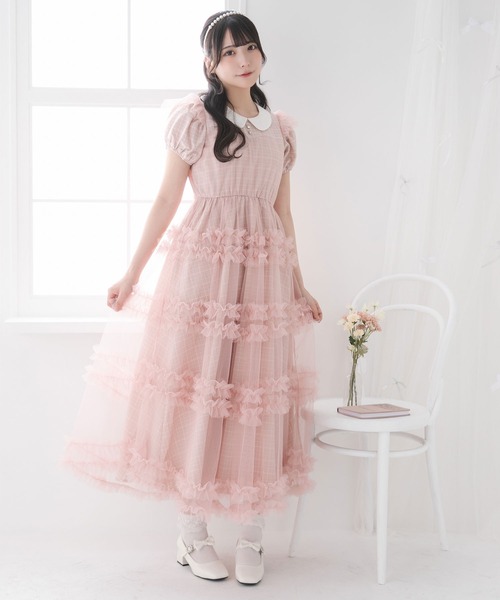 DearMyLoveRose（ディアマイラブローズ）の「チュールドッキングフリルワンピース【大きいサイズ有り】（ワンピース・レディース・ブラック系その他/ブラック×ブラック/ベビーピンク/ブラック/ピンク系その他/ブルーグレー・MEDIUM/LARGE/LL/3L）」の6枚目の写真