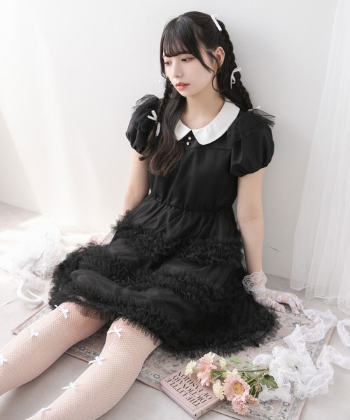 DearMyLoveRose（ディアマイラブローズ）の「チュールドッキングフリルワンピース【大きいサイズ有り】（ワンピース・レディース・ブラック系その他/ブラック×ブラック/ベビーピンク/ブラック/ピンク系その他/ブルーグレー・MEDIUM/LARGE/LL/3L）」の7枚目の写真