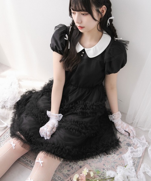 DearMyLoveRose（ディアマイラブローズ）の「チュールドッキングフリルワンピース【大きいサイズ有り】（ワンピース・レディース・ブラック系その他/ブラック×ブラック/ベビーピンク/ブラック/ピンク系その他/ブルーグレー・MEDIUM/LARGE/LL/3L）」の12枚目の写真