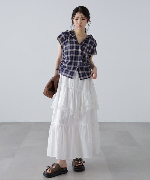 FREE'S MART(フリーズマート)の「チェック柄フードキャップスリーブシャツ(シャツ/ブラウス・レディース・ベージュ系その他/ダークネイビー・FREE)」の8枚目の写真