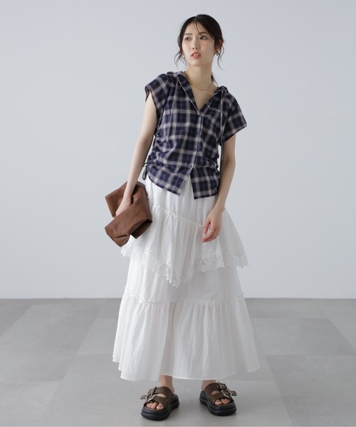 FREE'S MART(フリーズマート)の「チェック柄フードキャップスリーブシャツ(シャツ/ブラウス・レディース・ベージュ系その他/ダークネイビー・FREE)」の9枚目の写真