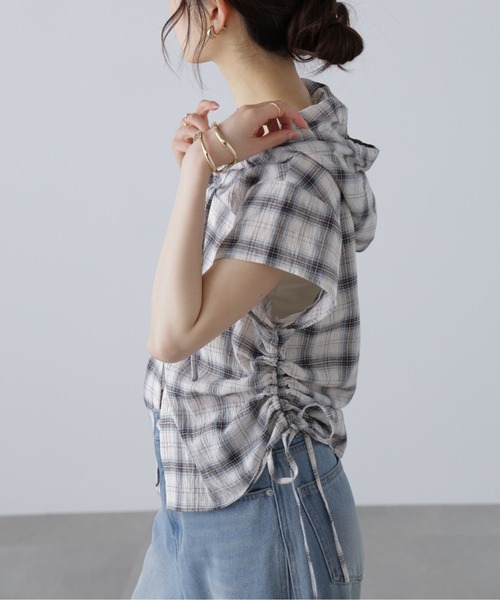 FREE'S MART(フリーズマート)の「チェック柄フードキャップスリーブシャツ(シャツ/ブラウス・レディース・ベージュ系その他/ダークネイビー・FREE)」の15枚目の写真