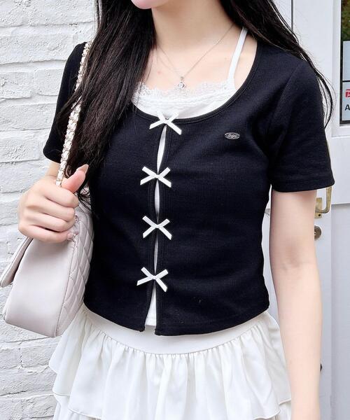 INGNI(イング)の「プレート付レイヤード前リボンリブトップス(Tシャツ/カットソー・レディース・ブラック×ホワイト/グレー×ホワイト/ホワイト系/ピンク系2・M)」の2枚目の写真