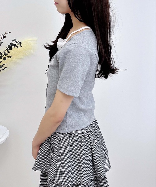 INGNI(イング)の「プレート付レイヤード前リボンリブトップス(Tシャツ/カットソー・レディース・ブラック×ホワイト/グレー×ホワイト/ホワイト系/ピンク系2・M)」の19枚目の写真