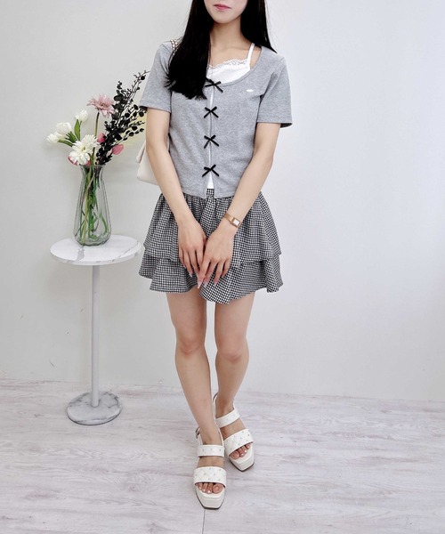 INGNI(イング)の「プレート付レイヤード前リボンリブトップス(Tシャツ/カットソー・レディース・ブラック×ホワイト/グレー×ホワイト/ホワイト系/ピンク系2・M)」の21枚目の写真