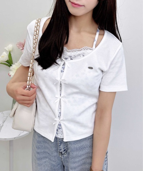 INGNI(イング)の「プレート付レイヤード前リボンリブトップス(Tシャツ/カットソー・レディース・ブラック×ホワイト/グレー×ホワイト/ホワイト系/ピンク系2・M)」の5枚目の写真