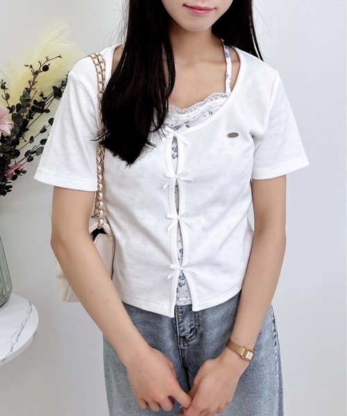 INGNI(イング)の「プレート付レイヤード前リボンリブトップス(Tシャツ/カットソー・レディース・ブラック×ホワイト/グレー×ホワイト/ホワイト系/ピンク系2・M)」の6枚目の写真
