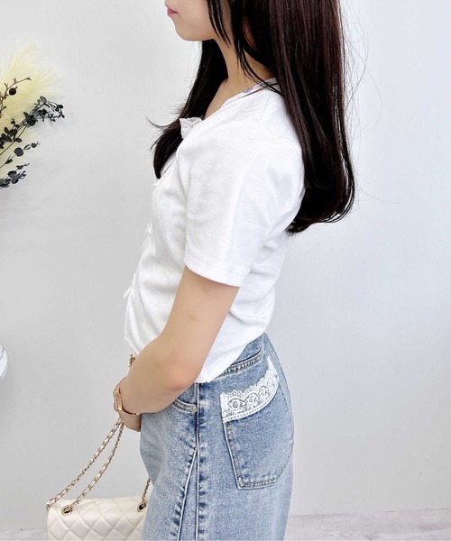 INGNI(イング)の「プレート付レイヤード前リボンリブトップス(Tシャツ/カットソー・レディース・ブラック×ホワイト/グレー×ホワイト/ホワイト系/ピンク系2・M)」の7枚目の写真