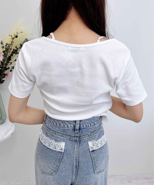 INGNI(イング)の「プレート付レイヤード前リボンリブトップス(Tシャツ/カットソー・レディース・ブラック×ホワイト/グレー×ホワイト/ホワイト系/ピンク系2・M)」の8枚目の写真