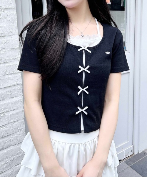 INGNI(イング)の「プレート付レイヤード前リボンリブトップス(Tシャツ/カットソー・レディース・ブラック×ホワイト/グレー×ホワイト/ホワイト系/ピンク系2・M)」の12枚目の写真