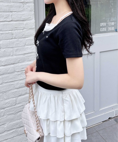 INGNI(イング)の「プレート付レイヤード前リボンリブトップス(Tシャツ/カットソー・レディース・ブラック×ホワイト/グレー×ホワイト/ホワイト系/ピンク系2・M)」の13枚目の写真