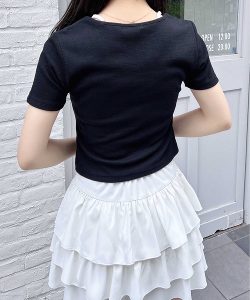 INGNI(イング)の「プレート付レイヤード前リボンリブトップス(Tシャツ/カットソー・レディース・ブラック×ホワイト/グレー×ホワイト/ホワイト系/ピンク系2・M)」の14枚目の写真