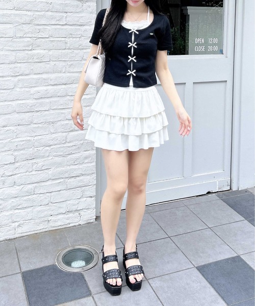 INGNI(イング)の「プレート付レイヤード前リボンリブトップス(Tシャツ/カットソー・レディース・ブラック×ホワイト/グレー×ホワイト/ホワイト系/ピンク系2・M)」の15枚目の写真
