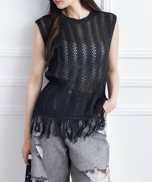 CLEAR BASIC（クリアベーシック）の「メッシュフリンジニットトップス［大人 カジュアル サマーニット レイヤード］（ニット/セーター・レディース・モカ/ブラック/アイボリー・F）」の19枚目の写真