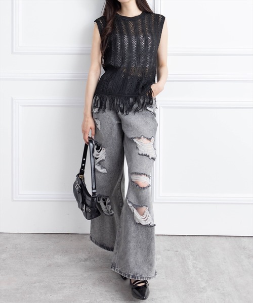 CLEAR BASIC（クリアベーシック）の「メッシュフリンジニットトップス［大人 カジュアル サマーニット レイヤード］（ニット/セーター・レディース・モカ/ブラック/アイボリー・F）」の20枚目の写真