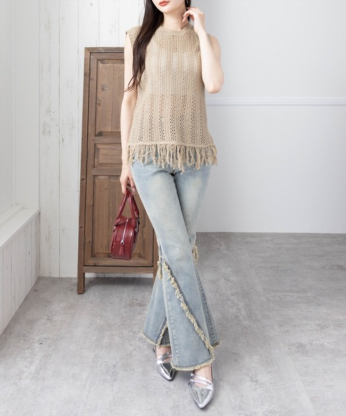 CLEAR BASIC（クリアベーシック）の「メッシュフリンジニットトップス［大人 カジュアル サマーニット レイヤード］（ニット/セーター・レディース・モカ/ブラック/アイボリー・F）」の4枚目の写真