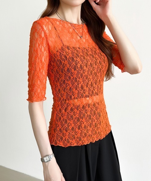 COCOMOMO(ココモモ)の「総レースが美しく映える レーストップス ストレッチ 総レース 五分袖 カットソー シアートップス レース オケージョン 夏服(Tシャツ/カットソー・レディース・オレンジ/ライトブルー/ホワイト/ブラック・FREE)」の16枚目の写真