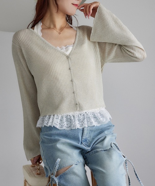 d.i.a. カーディガン ボレロ ベルスリーブ セール】ビジューボタンベルスリーブカーディガン（カーディガン