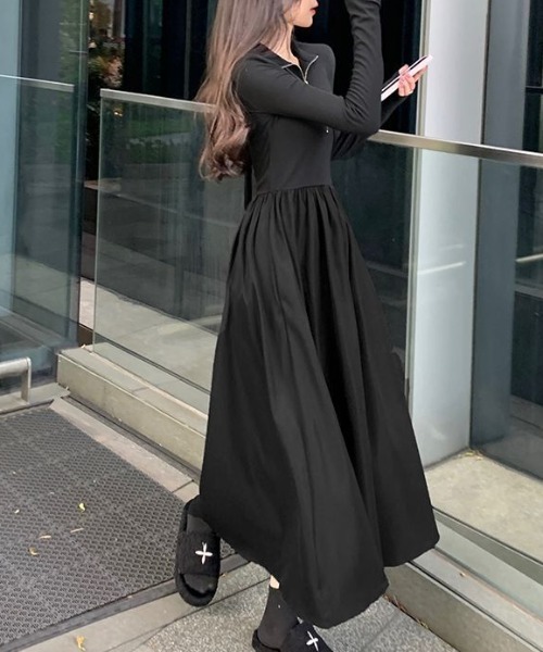 cammie（キャミー）の「ハーフジップ切替フレアワンピース（ワンピース・レディース・ブラック・S/M/L）」の2枚目の写真
