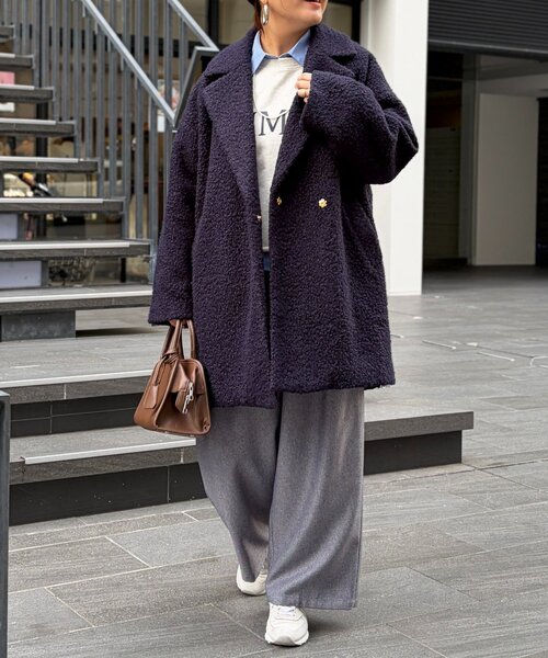 Chez toi（シェトワ）の「ブークレファーチェックコート（その他アウター・レディース・グレイッシュベージュ/ネイビー/ベージュ・FREE）」の3枚目の写真