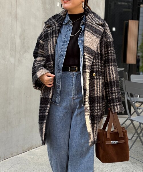 Chez toi（シェトワ）の「ブークレファーチェックコート（その他アウター・レディース・グレイッシュベージュ/ネイビー/ベージュ・FREE）」の7枚目の写真