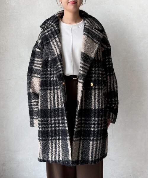 Chez toi（シェトワ）の「ブークレファーチェックコート（その他アウター・レディース・グレイッシュベージュ/ネイビー/ベージュ・FREE）」の19枚目の写真