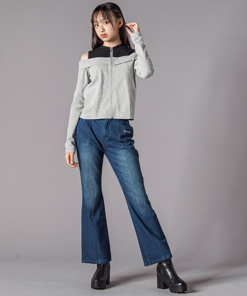 ZIDDY（ジディ）の「オフショルダージップトップス(130~160cm)（Tシャツ/カットソー・キッズ・グレー/ブラック・130cm/FREE/150cm/140cm）」の7枚目の写真