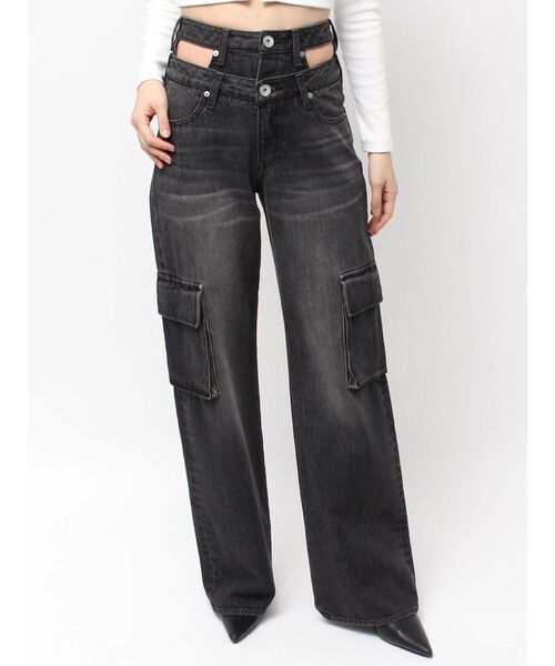 GYDA（ジェイダ）の「ハイウエスト CUT OUT CARGOワイトデニムパンツ（デニムパンツ・レディース・ブラック/インディゴブルー・SMALL/MEDIUM）」の2枚目の写真