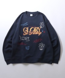 Hand Drawn Illustration Embroidery Sweat Shirt/オーバーサイズ 手描きイラスト 総柄 裏毛 スウェット トレーナー レディース メンズ