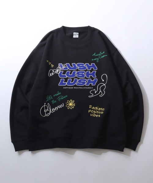 SITRY(シトリー)の「Hand Drawn Illustration Embroidery Sweat Shirt/オーバーサイズ 手描きイラスト 総柄 裏毛 スウェット トレーナー レディース メンズ(スウェット・レディース・ネイビー/レッド/ダークブラウン/アッシュ/グレー系その他/ブラック・M/L)」の2枚目の写真