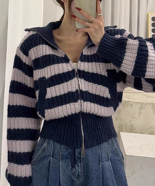 ダブルジップボーダーニットブルゾン（ブルゾン）｜LYEON（リヨン）の