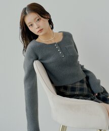 チョココロネ　Cニット グレー セール】 ストレッチコットン鹿の子編み ハイネックフレンチ