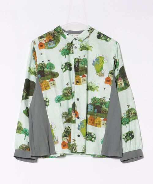 SUPER HAKKA（スーパーハッカ）の「SUPER　HAKKA×サクマ　ユウコ　「ある日の森の街」／「この葉の青い鳥」プリントシャツブラウス（シャツ/ブラウス・レディース・グリーン/ベージュ・FREE）」の6枚目の写真