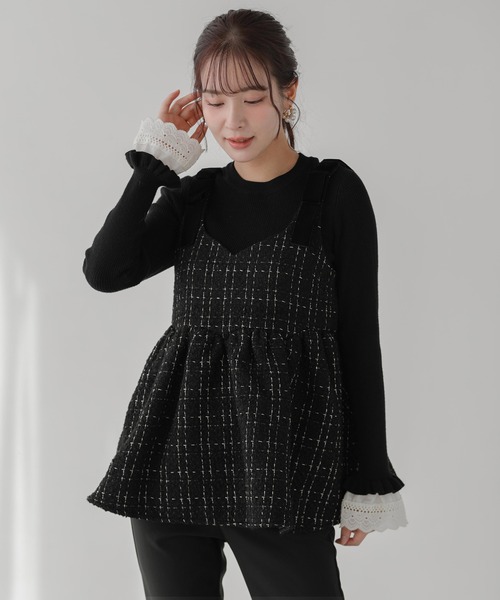 Fit more（フィットモア）の「ショルダーベロアリボンツイードキャミトップス（その他トップス・レディース・ピンク/ブラック/アイボリー・FREE）」の3枚目の写真