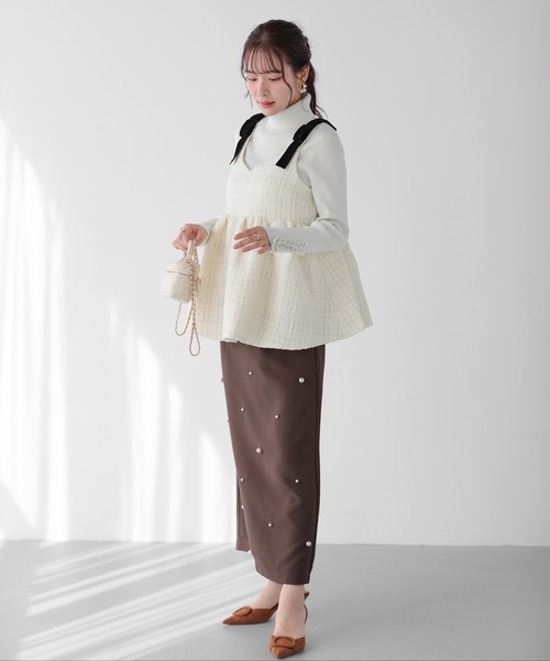 Fit more（フィットモア）の「ショルダーベロアリボンツイードキャミトップス（その他トップス・レディース・ピンク/ブラック/アイボリー・FREE）」の4枚目の写真