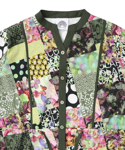 ScoLar（スカラー）の「153676：パッチワーク風総柄ドロスト前開きワンピース（ワンピース・レディース・ブラック/カーキ・M）」の7枚目の写真