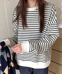 綿混 ボックスシルエット ボリュームスリーブ ボーダー プルオーバー