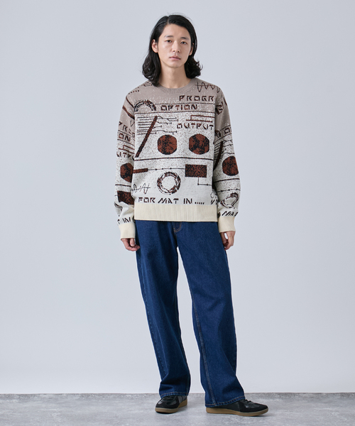 B.C STOCK(ベーセーストック)の「LO-FI ジャガードクルーネックニット(ニット/セーター・メンズ・ベージュ/ブラック系その他/ネイビー・MEDIUM/LARGE)」の8枚目の写真