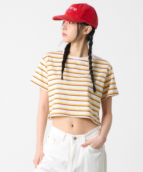 UNKNOWN PLANET(アンノウンプラネット)の「ストライプクロップTシャツイエロー(Tシャツ/カットソー・レディース・その他・FREE)」の4枚目の写真