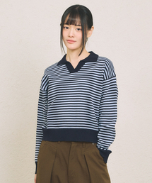 W STRIPE COLLAR KNIT [NAVY]