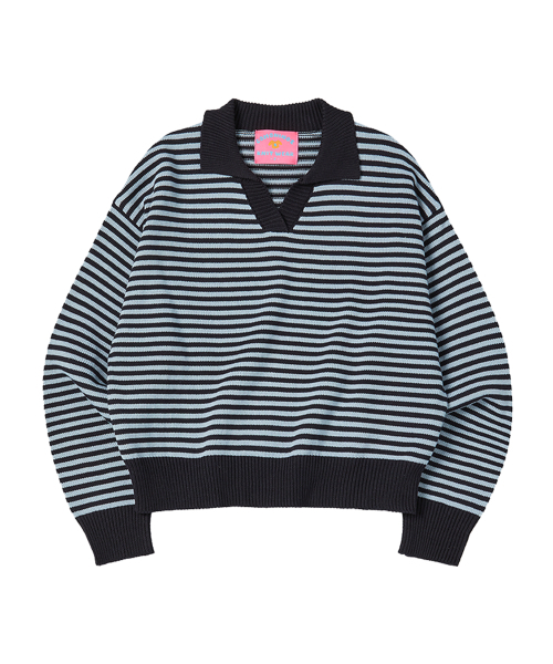 COMONINOZ（コモニノズ）の「W STRIPE COLLAR KNIT [NAVY]（ニット/セーター・レディース・ネイビー・FREE）」の2枚目の写真